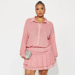 Button Up Collar Mesh See Through Long Sleeve Mini Dress