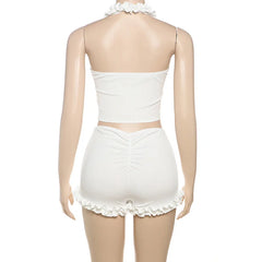 White Ruffle Frill Trim Crop Top And Bloomers Shorts Set
