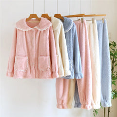 Flannel Plush Long Sleeve Shirt And Pants 2 Piece Set