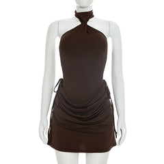 Twisted High Neck Drawstring Side Ruched Mini Dress