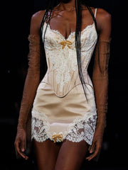 Lace Patchwork Satin Corset Top And Mini Skirt Set