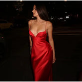 Satin Solid V-neck Strap Maxi Dress