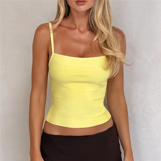 Bandage Ribbed Square Neck Spaghetti Strap Cropped Top