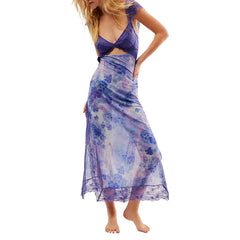 Floral Print Lace Patchwork Cutout V-Neck Midi Dress