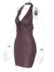 Brown Polka Dot Ruched Neck Mini Dress