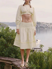 Round Neck Long Sleeve Crop Top And Low Waist Midi A Line Skirt Two Piece Set