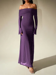 Off-Shoulder Flared Long Sleeve Sequined Maxi Dress