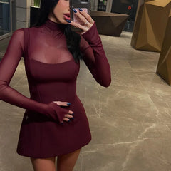 Red Mesh Patchwork Long Sleeve Turtleneck Short Dress