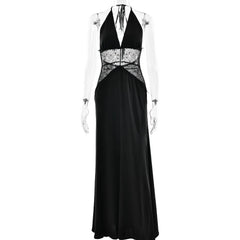 Satin Lace Patchwork V-neck Midi Dress