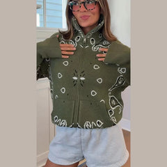 Paisley Knitted Zipper Stand Collar Cardigan Sweatshirt