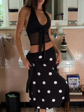 Black Halter Mesh Top And Polka Dot Midi Skirt Set