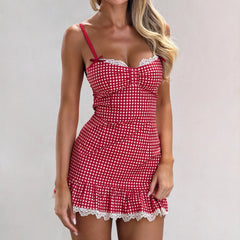Red Plaid Cami Lace Trim Mini Dress