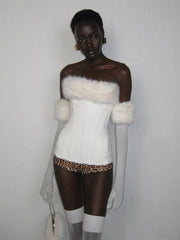 Furry Trim Strapless Top With Gloves