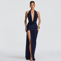 Halter Deep Cowl Neck Split Maxi Dress