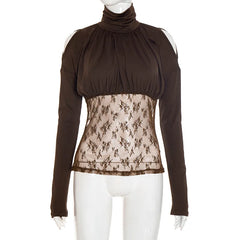 Long Sleeve Lace Patchwork High Neck Top