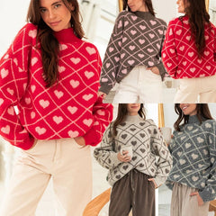 Heart Pattern Turtleneck Sweater