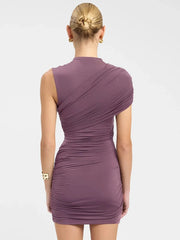 One Shoulder Round Neck Ruched Mini Dress