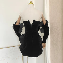 Velvet 3D Flower Strapless Mini Dress With Gloves