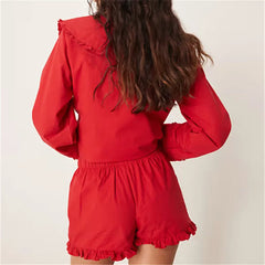 Red Ruffled Trim Button Down Long Sleeve Top and Shorts Lounge Wear Set