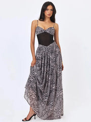 Zebra Print Spaghetti Strap Mesh Corset Patchwork Maxi Dress