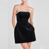 Pearl Strap Velvet Black Mini Dress