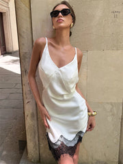 White V-neck With Lace Trim Mini Dress