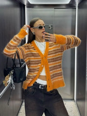 Striped Fuzzy V-Neck Knit Cardigan