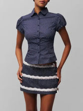 Blue Dotted Short Sleeve Button Up Top And Lace Trim Mini Skirt Set