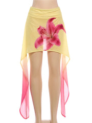 Yellow Flower Print Tassel Mesh Mini Skirt