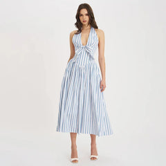 Blue Stripe Deep Halter Maxi Dress