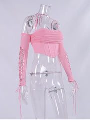 Pink Off Shoulder Lace Up Long Sleeve Corset Crop Top