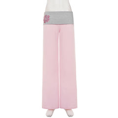 Pink Low Waisted Floral Embellished Straight Leg Pants