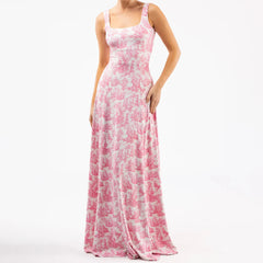 Pink Printed Square Neck Long Dress with Scarf
