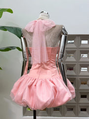 Halter Neck Mesh Patchwork Puff Mini Dress