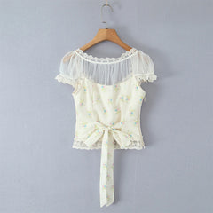 Floral Bow Tied Sheer Short Sleeve Top