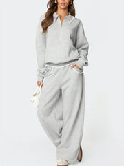 Lace Trim Long Sleeve Collared Sweatshirt with Front Pocket and Wide Leg Sweatpants Set