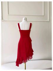 Red Ruffled Sweetheart Neck Strappy Irregular Hem Midi Dress