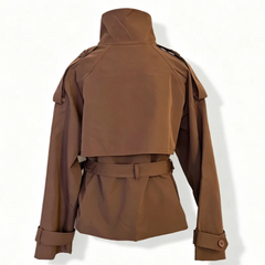 Stand Collar Double Breasted Long Sleeve Belted Short Trench Coat