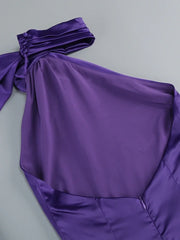 Purple Halter Neck 3D Flower Design Backless Long Dress