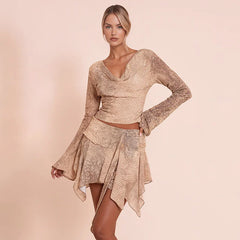Animal Printed Long Sleeve Top And Irregular Skirt Matching Set