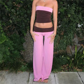Pink Colour Block Tube Crop Top aAnd Low-Rise Fold Waist Wide-Leg Pants Set