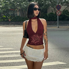 Wrap Around Halter Deep V Neck Sheer Lace Crop Top
