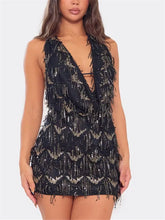 Sequin Fringe Halter Cowl Deep Neck Mini Dress