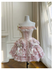 Pink Lace Up Strapless Bow Pearl Desgin Tiered Mini Dress