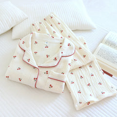 Print Cherry Long Sleeve Shirt And Pants Pajama Set