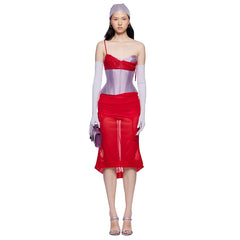 Purple Corset Fake Layer Bra Vest And Irregular Hem Red Skirt Set
