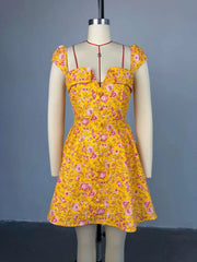 Floral Printed A-Line Low Cut Mini Dress