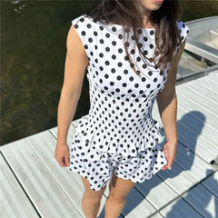 Polka Dot Smocked Sleeveless Tank Tops And Elastic Waist Shorts Matching Set