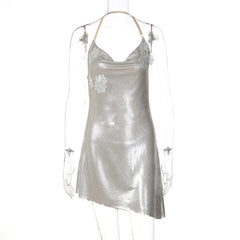 Silver Floral Embroidred Cowl Backless Mini Dress