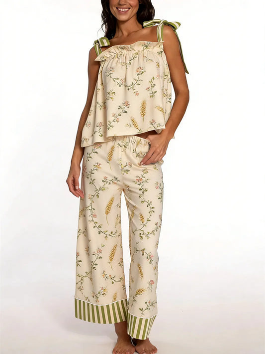 Floral Print Tie Shoulder Top with Pants Lounge Wear Set